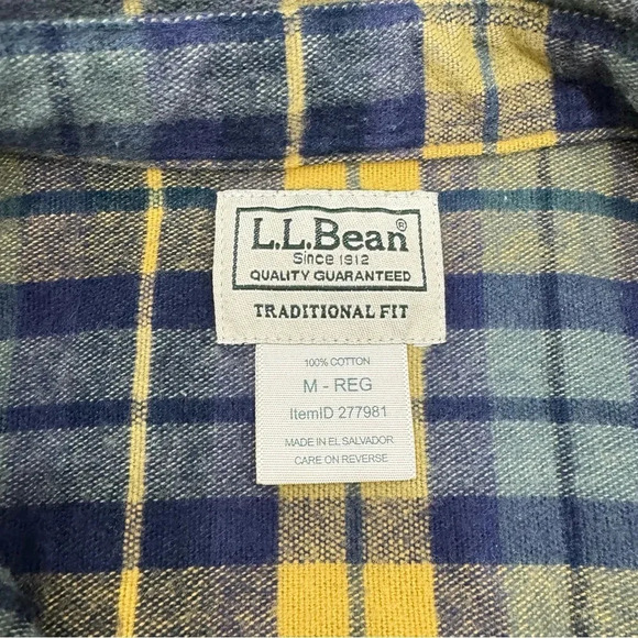 L.L.Bean Men’s plaid flannel 100% cotton navy blue & gold button down shirt Sz M - Picture 4 of 5